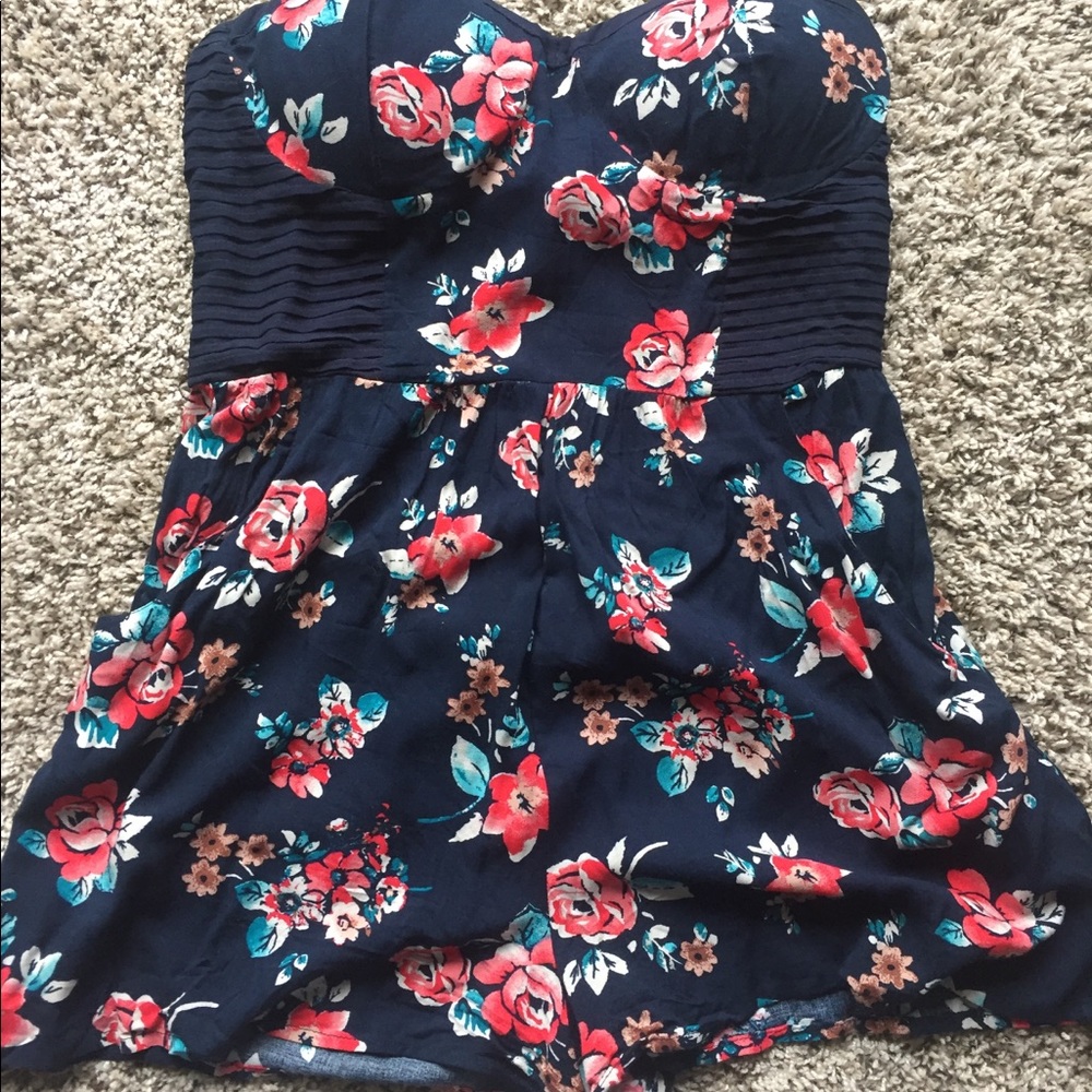 Navy Blue-L Strapless Floral Romper